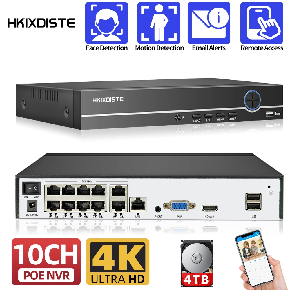 

Видеорегистратор 10CH 8CH 4K 8MP H.265 POE NVR для HD 4K 3MP 4MP 5MP CCTV POE IP-камера с функцией распознавания лица 48В видеорегистратор