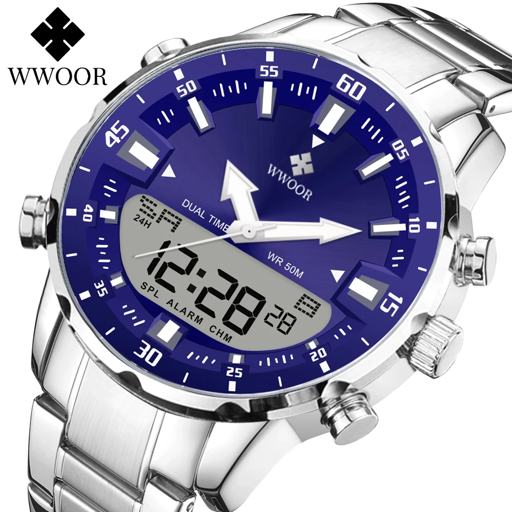 WWOOR Military Men's Watch Luxury Original Quartz Digital Analog Sport Wrist Watch For Man Waterproof Stainless Steel Male Clock new original sm331 analog input module model 6es7331 7kb02 0ab0 6es7 331 7kb02 0ab0