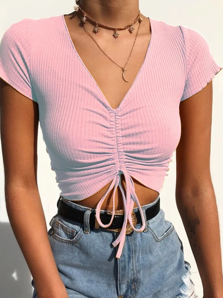 

Sexy V Neck Cropped Tank Tops Women Drawstring Tie Up Front Camis Candy Colors Streetwear Slim Fit Ribbed Crop Top 2024