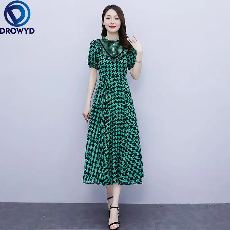 

Women Chiffon Dress Chiffon Maxi O Collar Plaid Boho Summer Short Sleeve Sukienka Ropa Mujer Robe Longue Femme Chic Vestidos