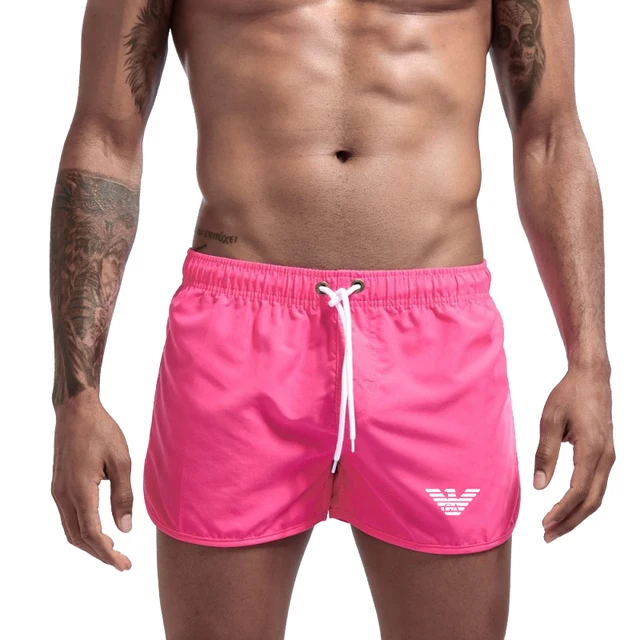 Summer Men's Beach Shorts New Simple Printed Fitness Sports Casual Elastic Waist Drawstring Male Surfing Board Short Pants S-3XL Pink
