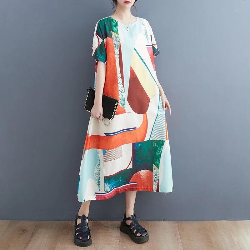 

2023 New Arrival Print Short Sleeve Sweet Girl's Chic Fashion Summer Dress Office Lady Work Dress Women Travel Casual Midi Dress