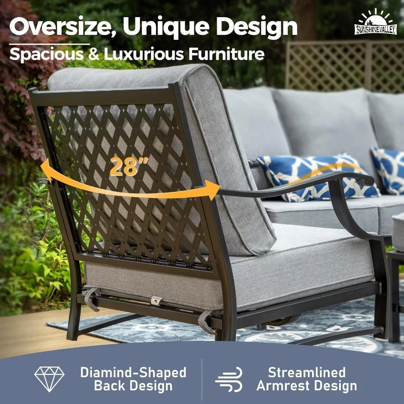 7 Piece Metal Outdoor Patio Furniture Set, Patio Conversation Sets 3-seater Sofa, 2 Rocking Chair, 2 Ottomans with 5.75" Thick 3