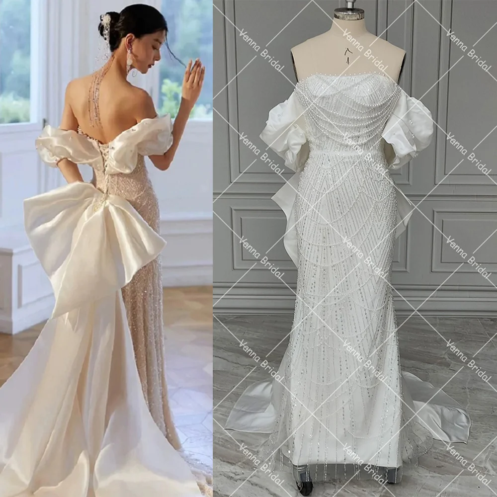 

Pearls Chain Exquisite Wedding Dress Dubai Luxury Beading Detachable Off Shoulder Straps Real Pictures Bow Train Bridal Gowns