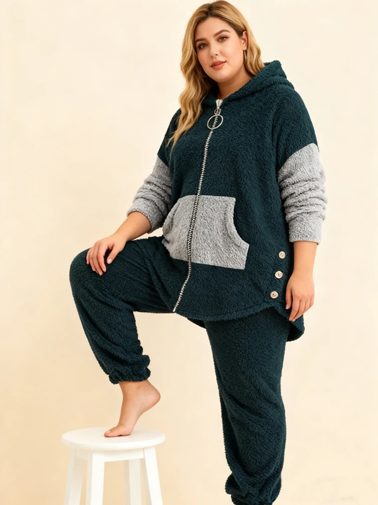 Plus Size Warm Contrasting Sweater Set On Sale Clearance Hooded Zip-Up Package Cardigan Drawstring Long Pants With Elastic Cuffs 4