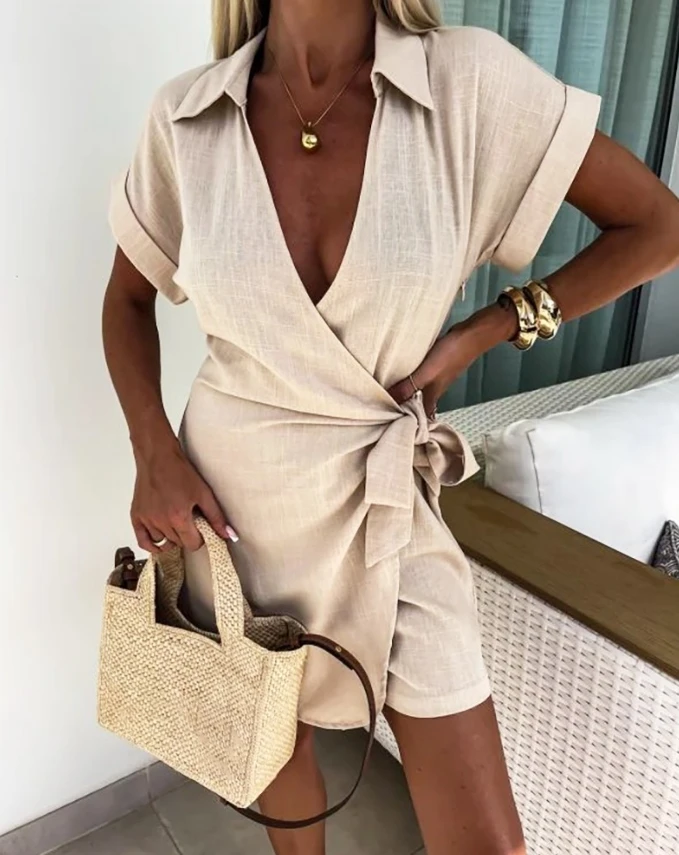 Women's Casual Jumpsuit 2024 Summer Lace Up Details Pleated V-Neck Cross Tie Jumpsuit Shorts Short Sleeved Vacation Jumpsuit