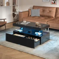 Table basse Rosahqnda avec éclairage LED et 2 tiroirs, éclairage LED réglable, table basse brillante pour salon, 104x53x46cm 4