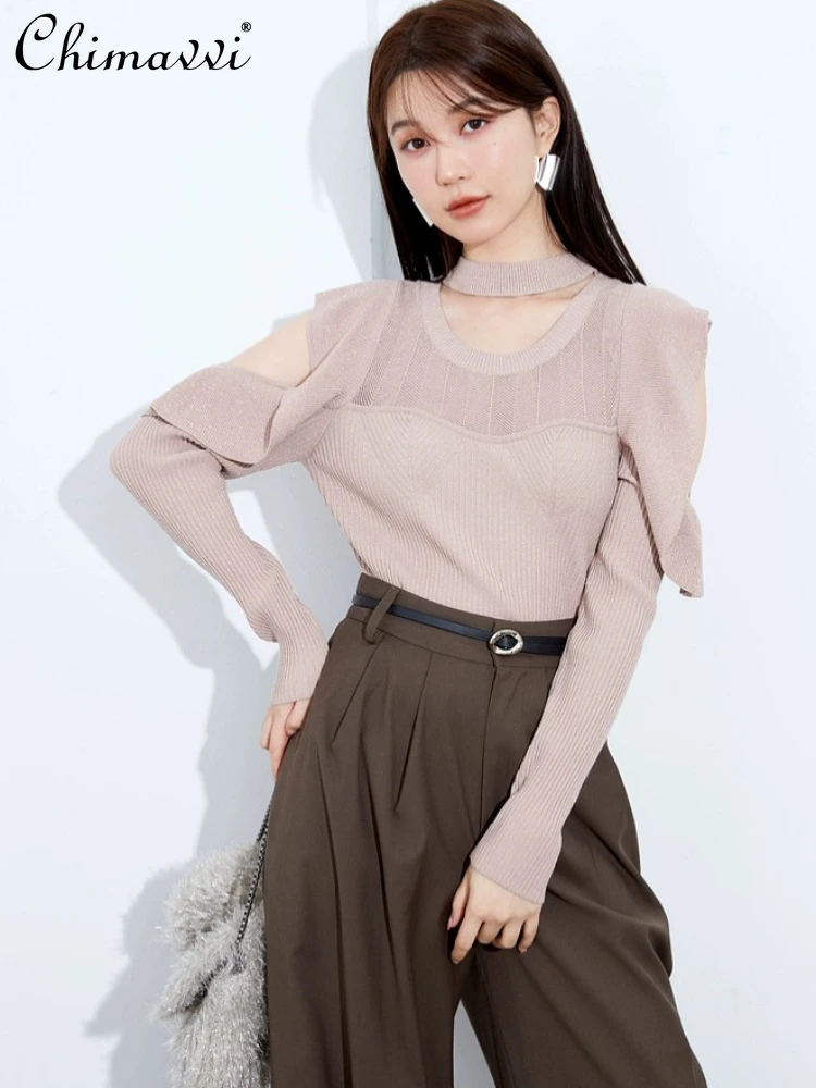 

Japanese Sweet Ruffled Hollow-out Women's Knitted Sweater Autumn Winter Round Neck Long Sleeve Off-Shoulder Stitching Sweater