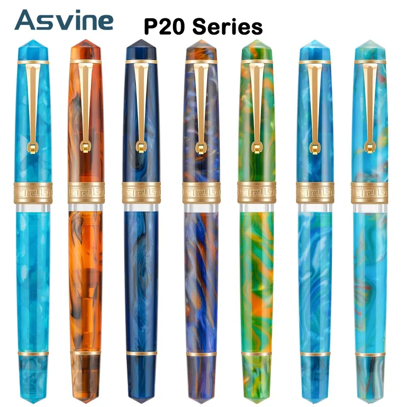Asvine P20 피스톤 필링 만년필 아크릴 아름다운 패턴 EF F M 펜촉, 골든 클립, 사무실 학교 용품 문구