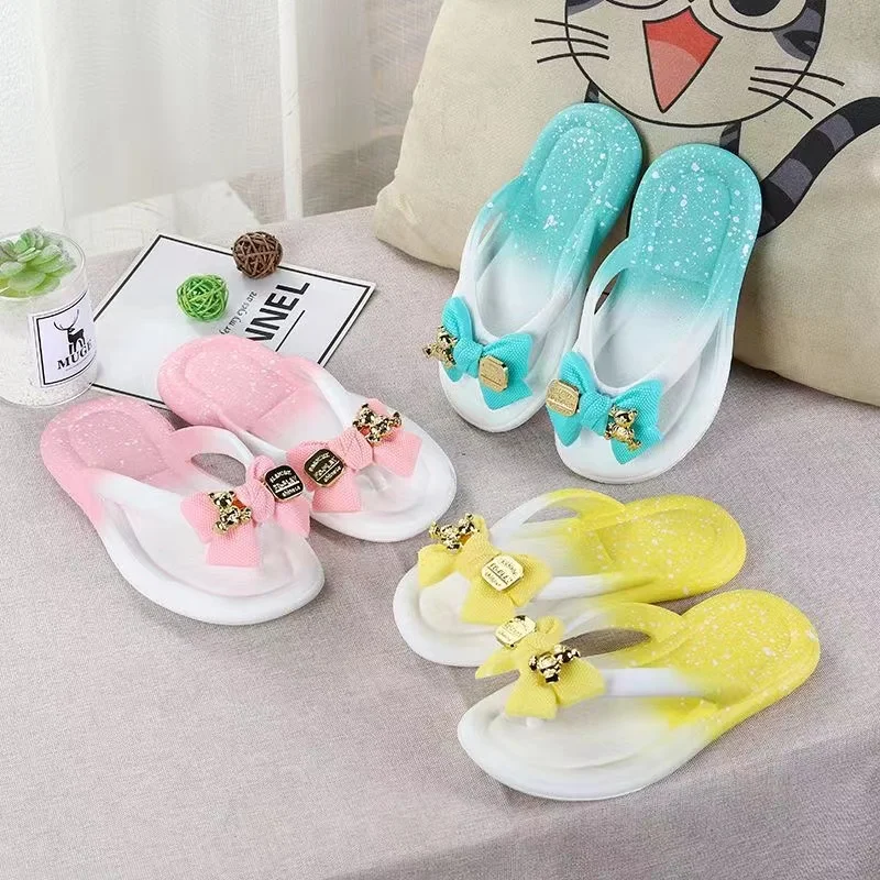 2024 Summer Baby Girls Slippers Children PVC Cartoon Bow Bear Print Flips Flops Beachwear Outdoor Non-slip Kids Shoes Size 24-35 5
