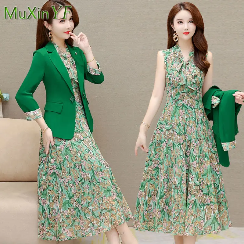 2022 Spring Autumn New Suit Jacket Dress Two-piece Women's Elegant Blazers Floral Long Skirt Set Female Office Professional Wear