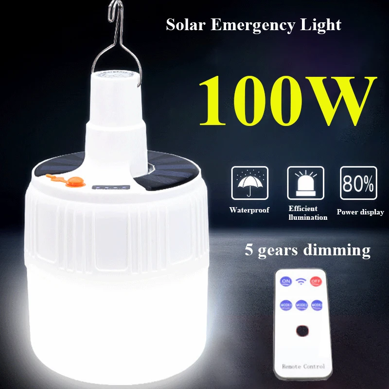 

50/100W LED Solar Bulb Hanging Light Bulb Lamp Camping Solar Power Display USB Rechargeable Tent Outdoor Hiking Emergency Outage