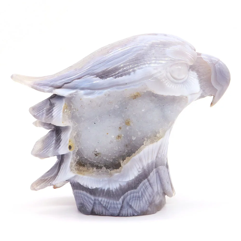 Estátua de Águia Cabeça para Decoração de Casa, Pedra de Cura Natural, Ágata Cinza, Geode Cristal, Feng Shui Esculpido, Lucky Gem, Figurine Crafts, W480, 5,5 polegadas