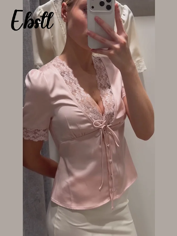 Solid Lace Splicing T-shirt 2026 Summer Female Chic Bow Lace-up V Neck Short Sleeve Shirts Women's Fashion Top Streetwear 4