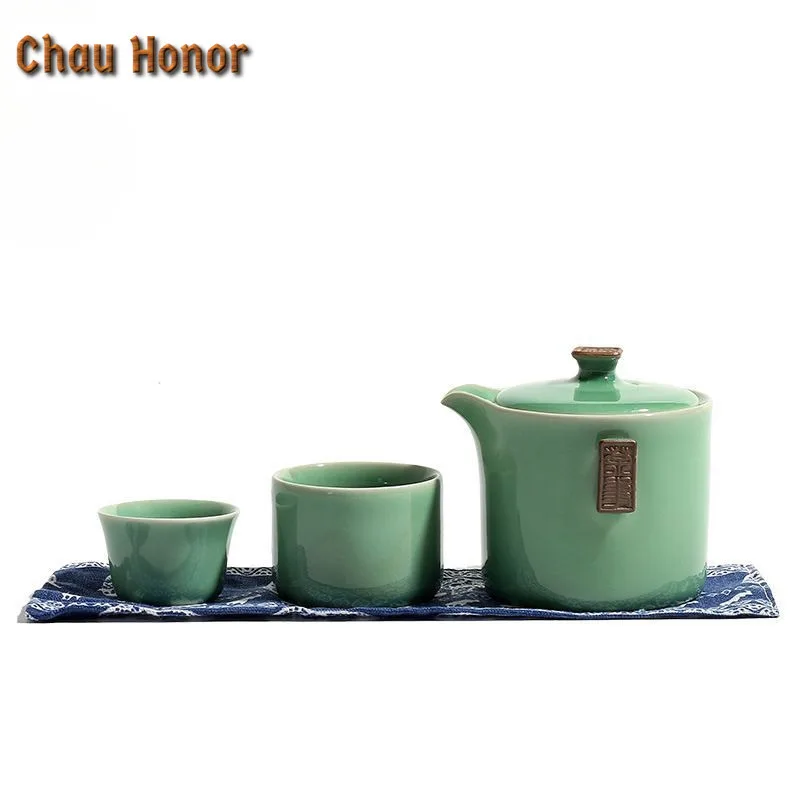 Longquan Celadon Ge Kiln Travel Tea Set Kit Creative 1 Pot 2 Cups Tea Maker Organizer Portable Camping Tote Cloth Bag Collection