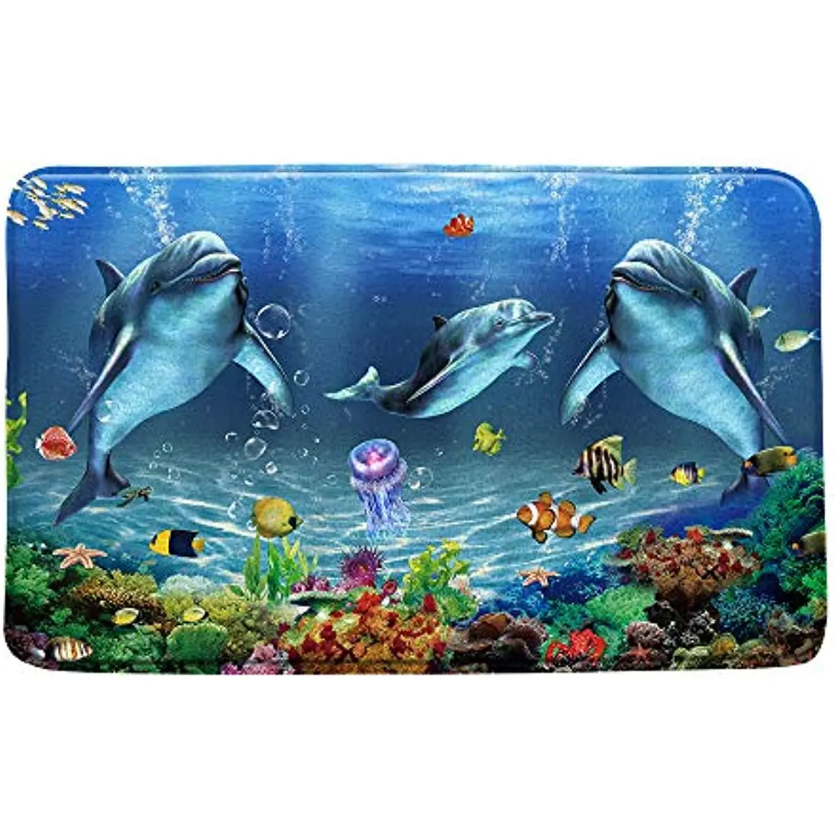 

Dolphin Bath Mat Blue Ocean Animal Seabed Landscape Tropical Fish Underwater World Boys Girls Bathroom Decor Indoor Carpet