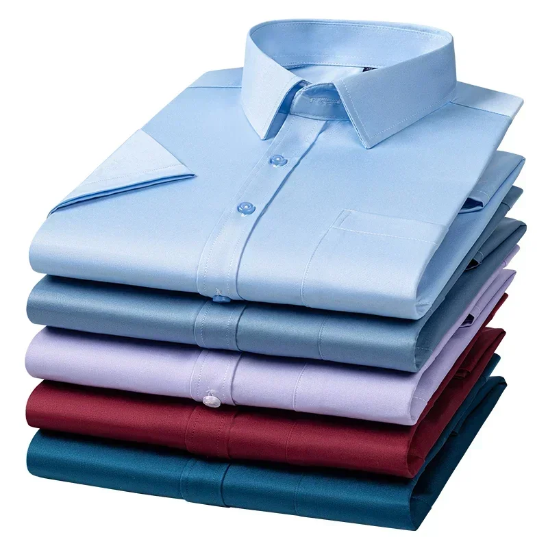 2024 NEW IN Summer Men's Shirt Non-Ironing Anti-Wrinkle Business Casual Solid Color Elastic Smooth Short Sleeves Work Social 2