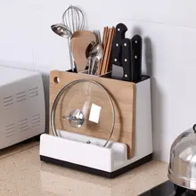 

Plastic Kitchen Pot Cover Rack Shelf Wall-mounted Countertop Storage Rack Chopstick Cage Integrated Knife Rack