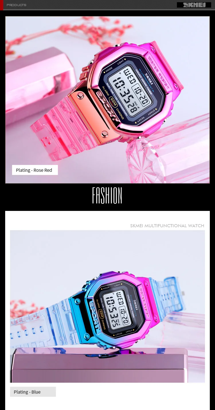 SKMEI 1622 Damen-Digitalarmbanduhr, galvanisiertes Gehäuse, stoßfest, Reloj Mujer, transparentes Armband, coole Damenuhren für Mädchen, 1999_voghion.com