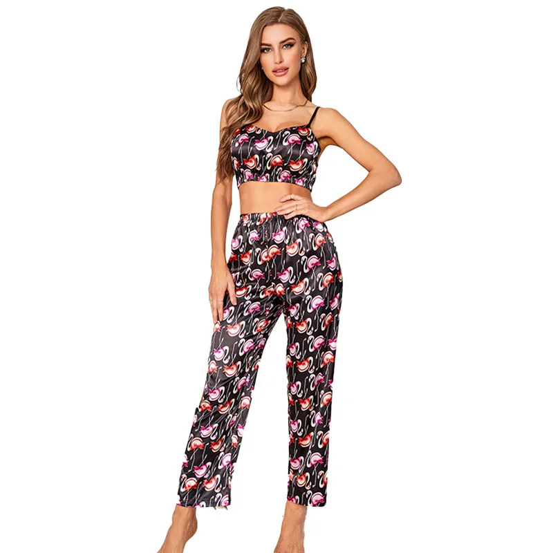 

2023 Newest Women's Homewear Summer Thin Breathable Strap Tank Sleep Tops with Long Pants Set Printed Pajamas for Women