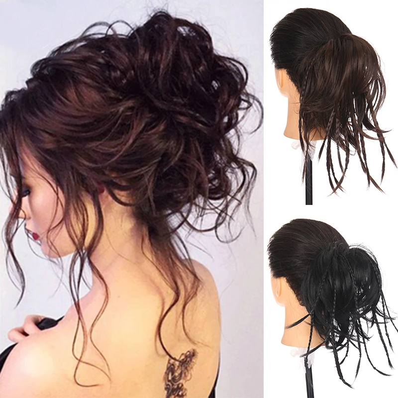 

Messy Braid Chignon Synthetic Rubber Band Hair Rope Natural Fake Hair Bun Curly Scrunchie Clip in Hair Tails Extensions