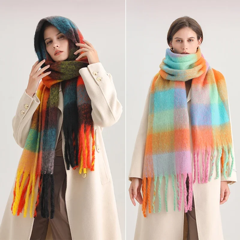 

New Plaid Scarf Winter Pashmina Shawls Women Cashmere Thick Wraps Lady Tassel Warm Scarves Rainbow Hairy Bufanda 2023