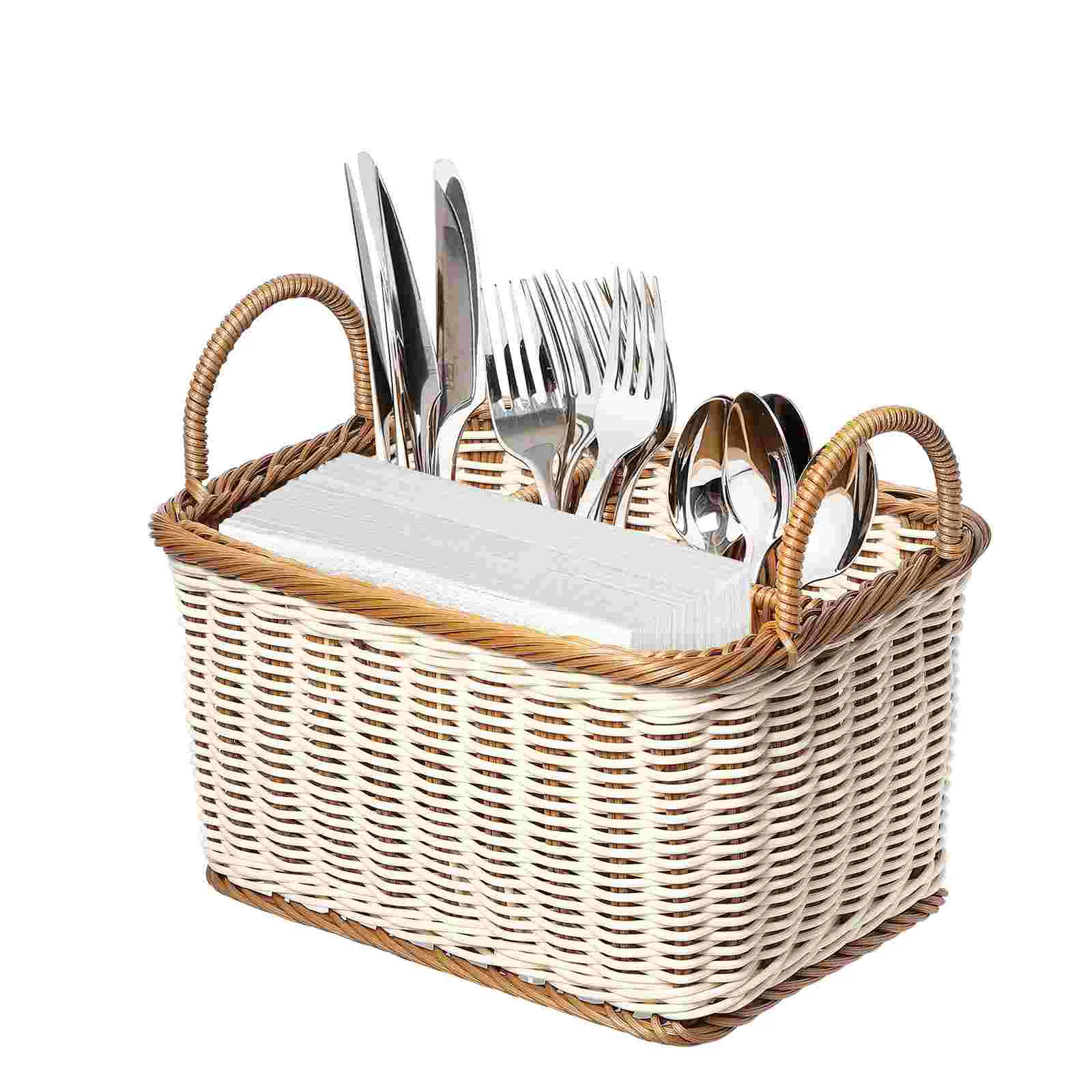 

Silverware Storage Basket Rattan Desktop Organiser Box Shelves Desks Decorative Sundries Stationery Utensil