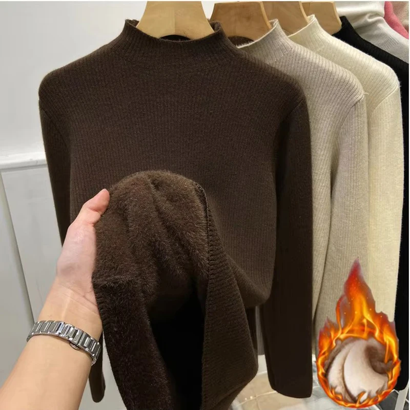 Turtleneck Winter Sweater Women Elegant Thicken Velvet Lined Warm Sueter Knitted Pullover Slim Tops Jersey Knitwear Jumper New 3