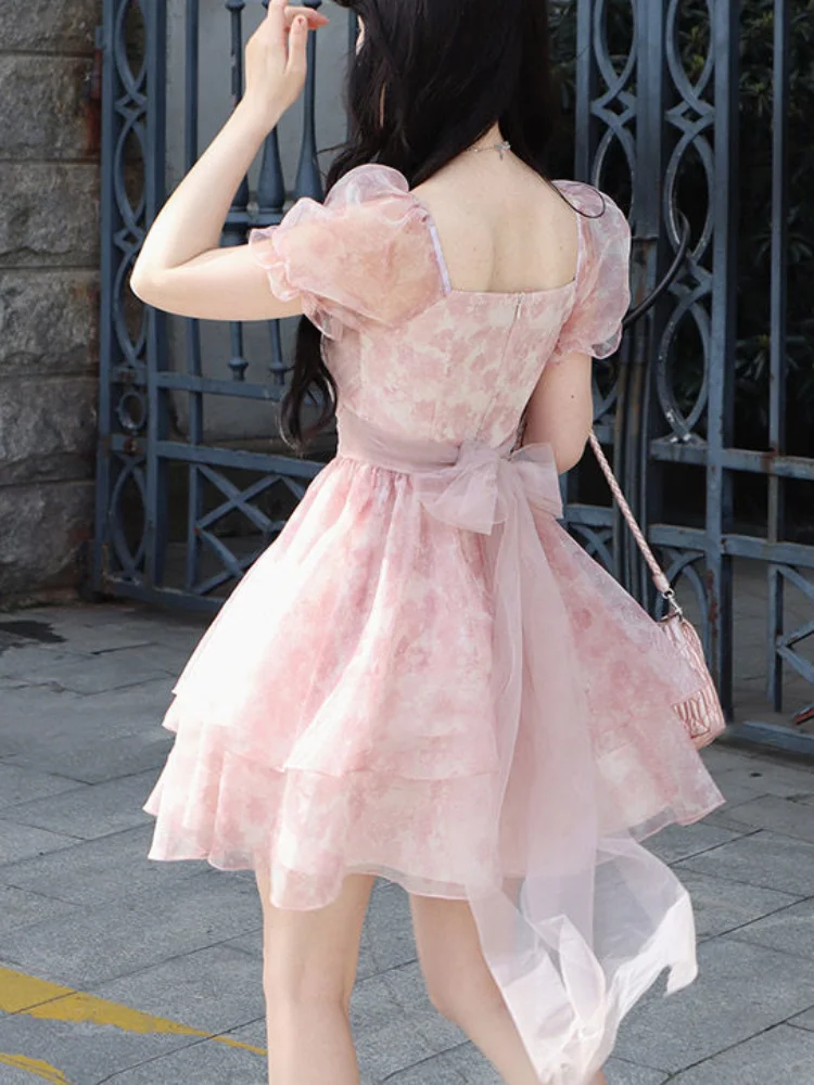 

Summer Pink Kawaii Lolita Dress Women 2024 Print Korea Cute Party Mini Dress Female Puff Sleeve Beach Casual Elegant Fairy Dress
