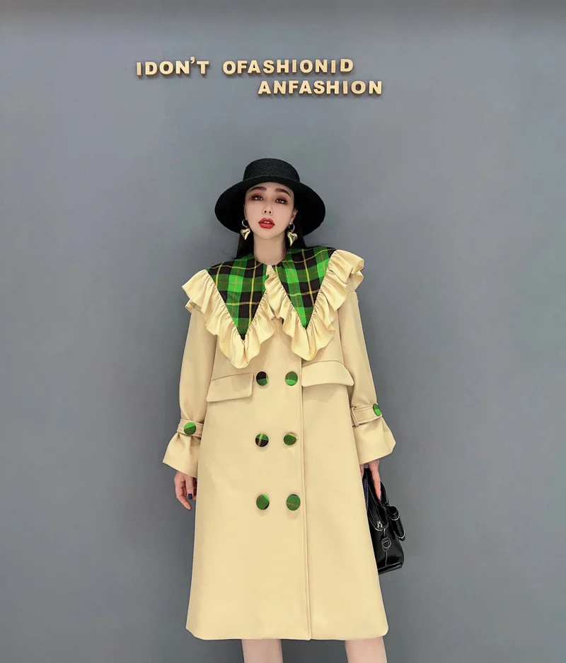 long duvet coat Vefadisa 2022 Spring Autumn The New Large Size Windbreaker Fashion Mid-length Doll Collar Double Breasted Coat Yellow LHX119 long down puffer coat