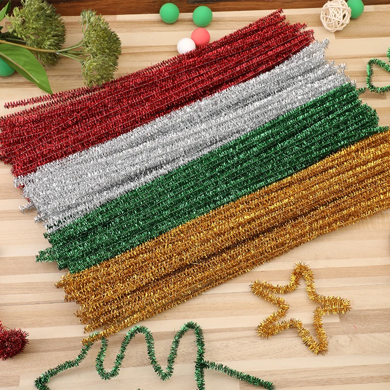 Chenille Craft Supplies 100Pcs Glitter Chenille Stems Rod Wool Root Fluffy Twist Sticks Plush Tinsel Stems Wired DIY Craft Supplies Toys