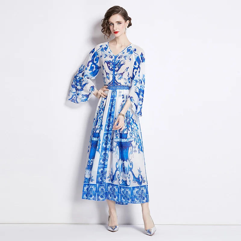 

Runway Fashion Long Summer Dress Woman 2024 V Neck Print Chiffon Holiday Vacation Dresses Blue Beach Vestidos Para Mujer Robe