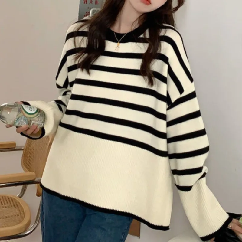 

Women Sweater Femme Fashion Winter Top Pullover Knitted Striped Oversized Long Sleeve O-Neck Sweater Casual Soft Warm Pull