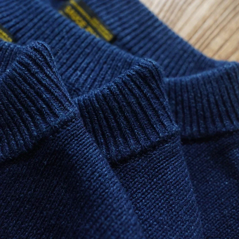 Sauce Zhan Mens Sweater Pullovers Sweater for Man Cotton Indigo Fadeable Knitted Sweater  Regular Fit 3