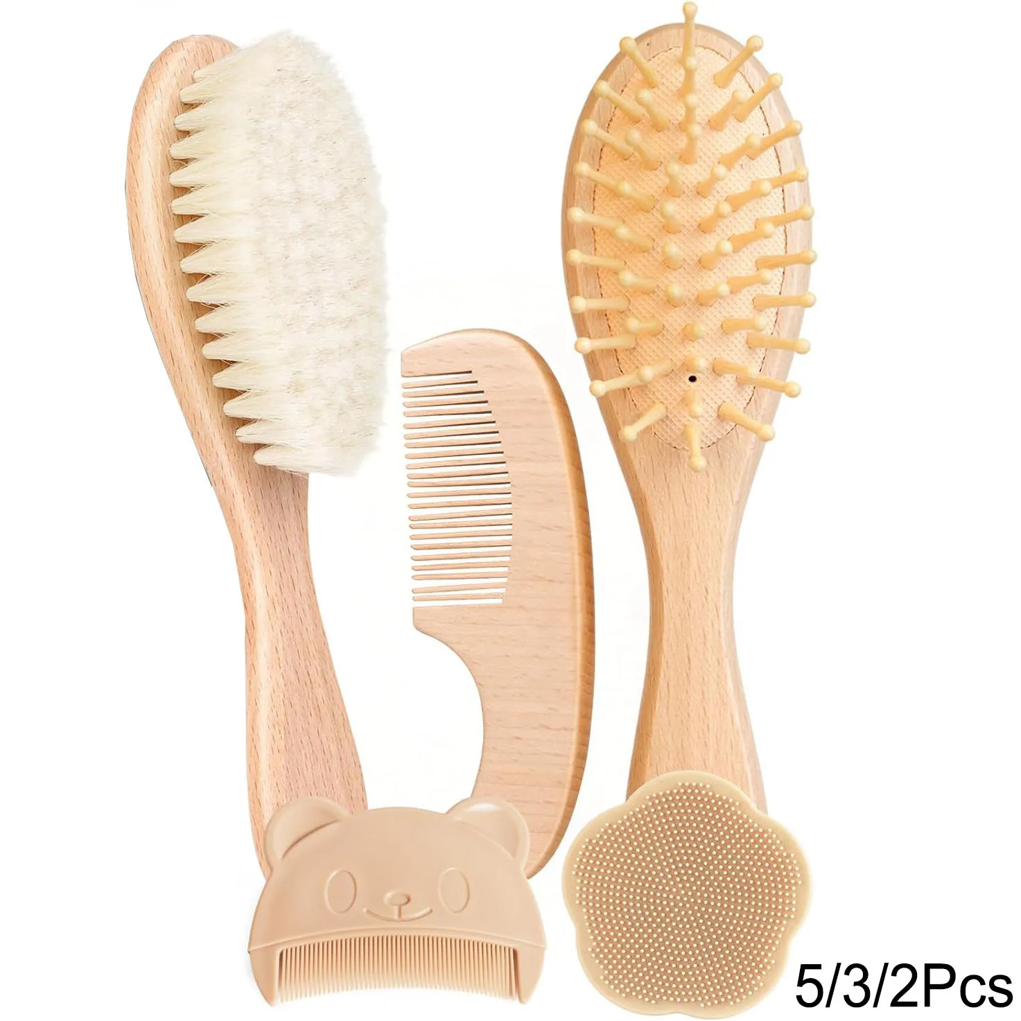 Baby Hair Brush Set, Wooden Brush and Comb Set with Soft Goat Hair Bristles, Cradle Cap Brush, Baby Essentials Grooming Kit