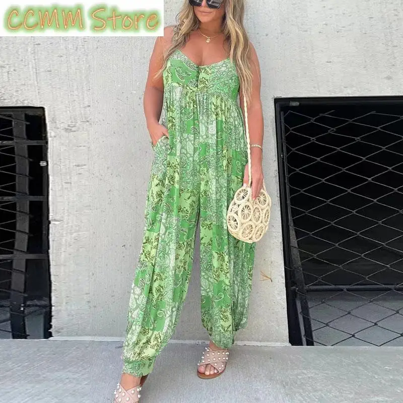 Fashion Casual Holiday Beach Pocket Jumpsuit Women High-Waisted Loose-Print Strap Romper Summer Sleeveless Straight-Leg Overalls