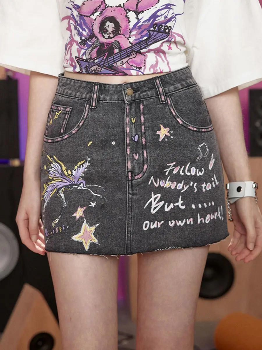 

Summer Cartoon Graffiti Bag Hip Skirt Y2K Gothic American Style Fashion Joker A Word High Waist Slim Street Denim Skirt 2024 NEW