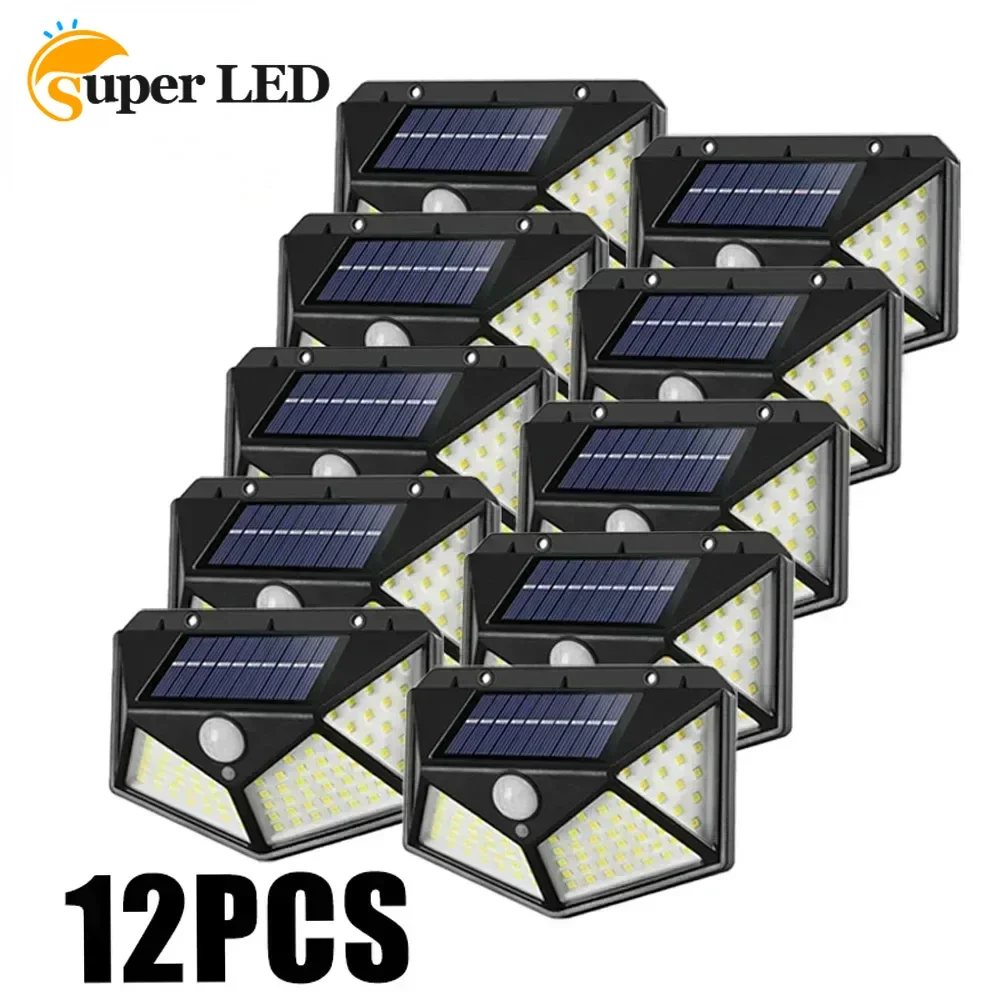 100 LED Solar Wall Lamp 4 Sides Luminous Motion Sensor Decor Lights Outdoor Garden Courtyard Waterproof Wall Lights 2/4/8/12PCS