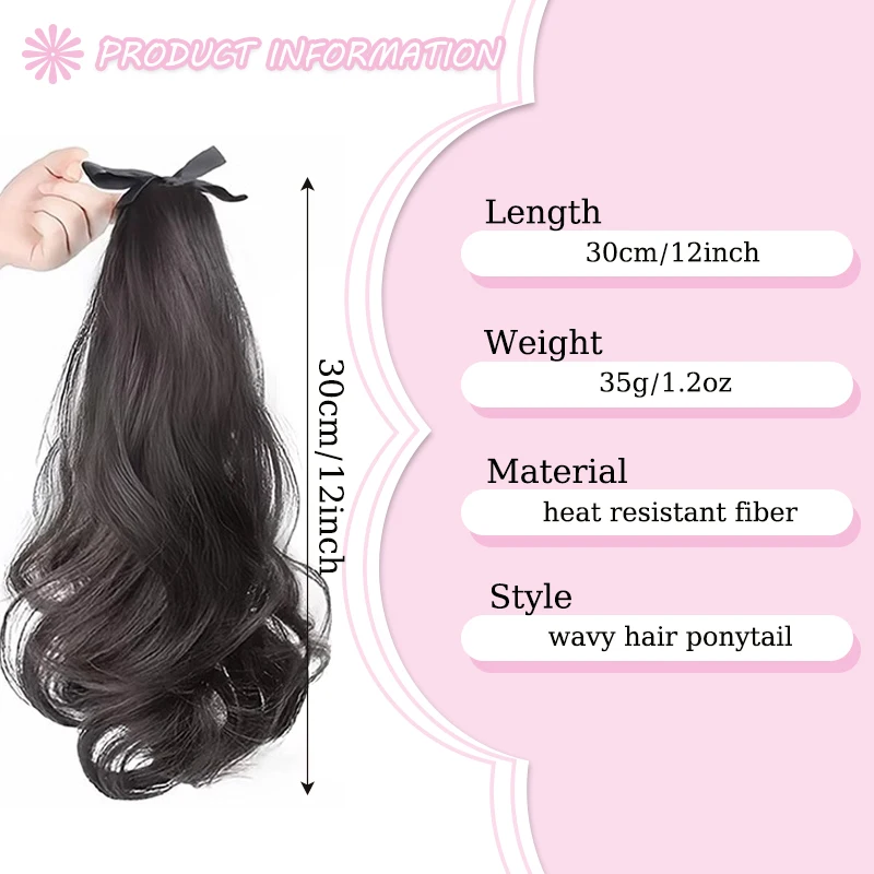 12inch Wavy Hair Ponytail Wig for Kids Girls Synthetic Ribbon Ponytail Extensions Hairpiece with Clip Short Wavy Tail for Girls