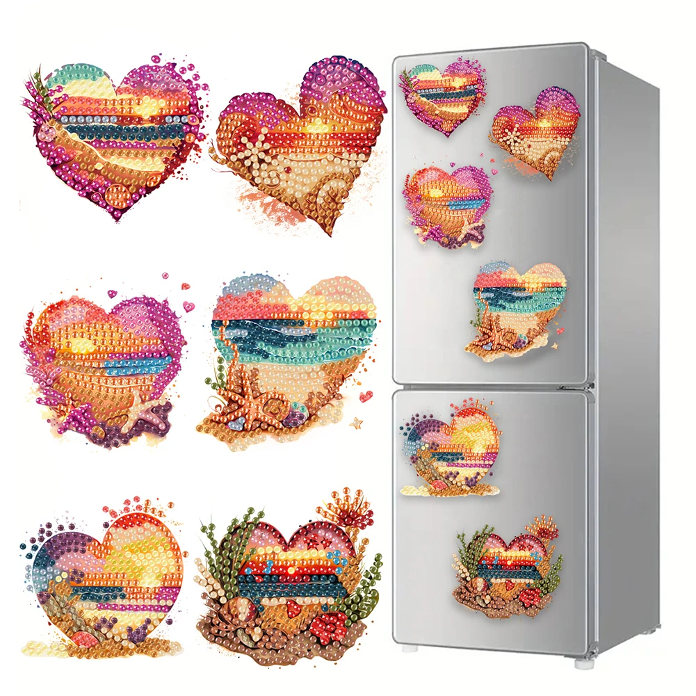 6Pcs Acrylic Beach Diamond Painting Refrigerator Magnet Diamond Painting Fridge Magnet DIY Fridge Stickers for Adults Beginners