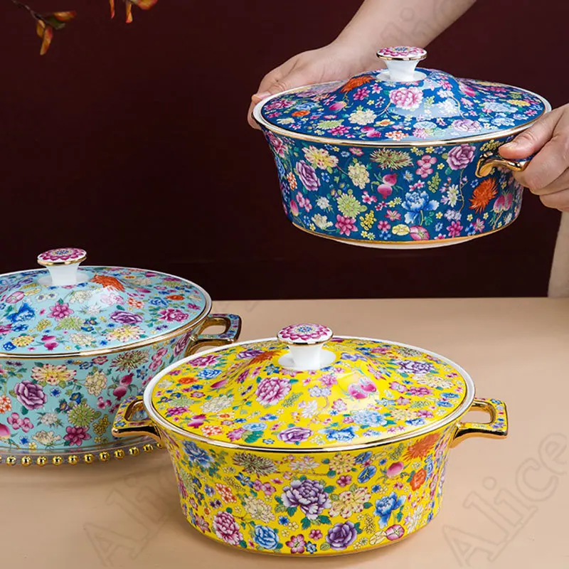 

Креативная эмалированная цветная суповая чаша с крышкой, бинауральная большая чаша с защитой от ожогов, домашняя керамическая посуда Цзиндэчжэнь