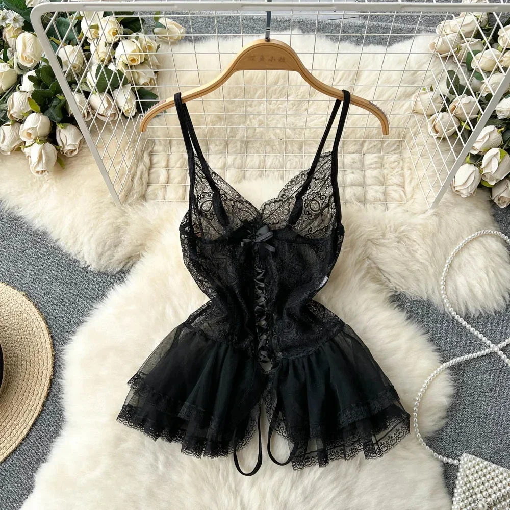Maidservant Cosplay Erotic Valentine's Day Nightdress Sweet Sexy Dress Suits Halter Hollow Out Porn Nightwear+Thongs princess nightdress
