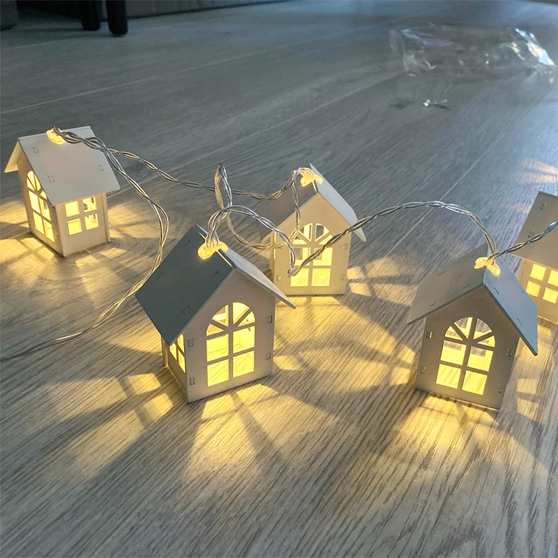 10LED Wood House Fairy Light String Wedding Party New Year Hanging Garland Christmas Decorations Home Navidad Kerst Noel Lamps