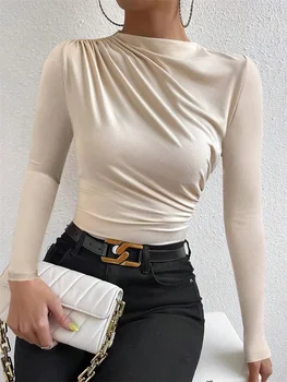 Casual Pleated Mock Neck Long Sleeve T-shirt for Women Autumn Winter Spring Solid Color Ruched Skinny Slim Fit Blouse Top Tshirt 1