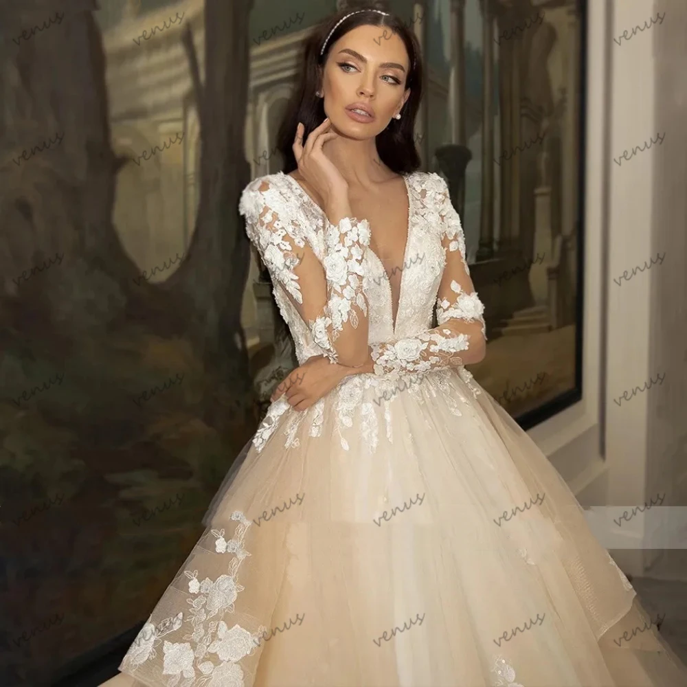 Exquisite Wedding Dresses A-Line Tulle Tiered Bridal Gowns Lace Appliques Full Sleeves Glamorous Vestidos De Novia Customized 3
