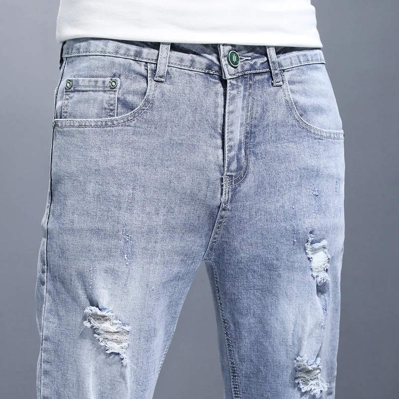 남성용 맞춤형 패션 찢어진 청바지, 스트레이트 슬림 단색 용수철, 여름 데님 바지, 고품질 브랜드 청바지