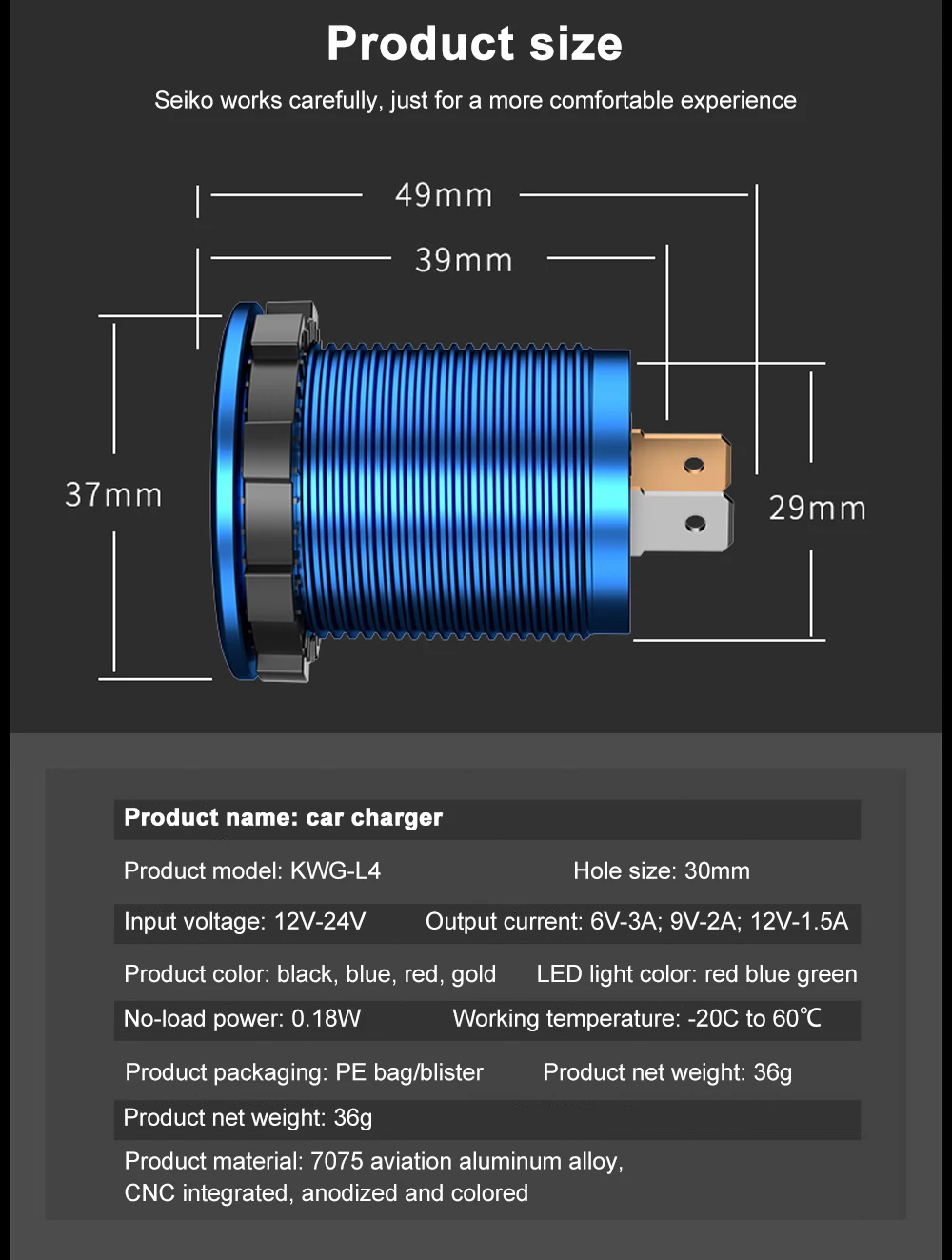 12/24V Aluminium Metall 36W QC 3,0 Dual USB Auto Motor Ladegerät