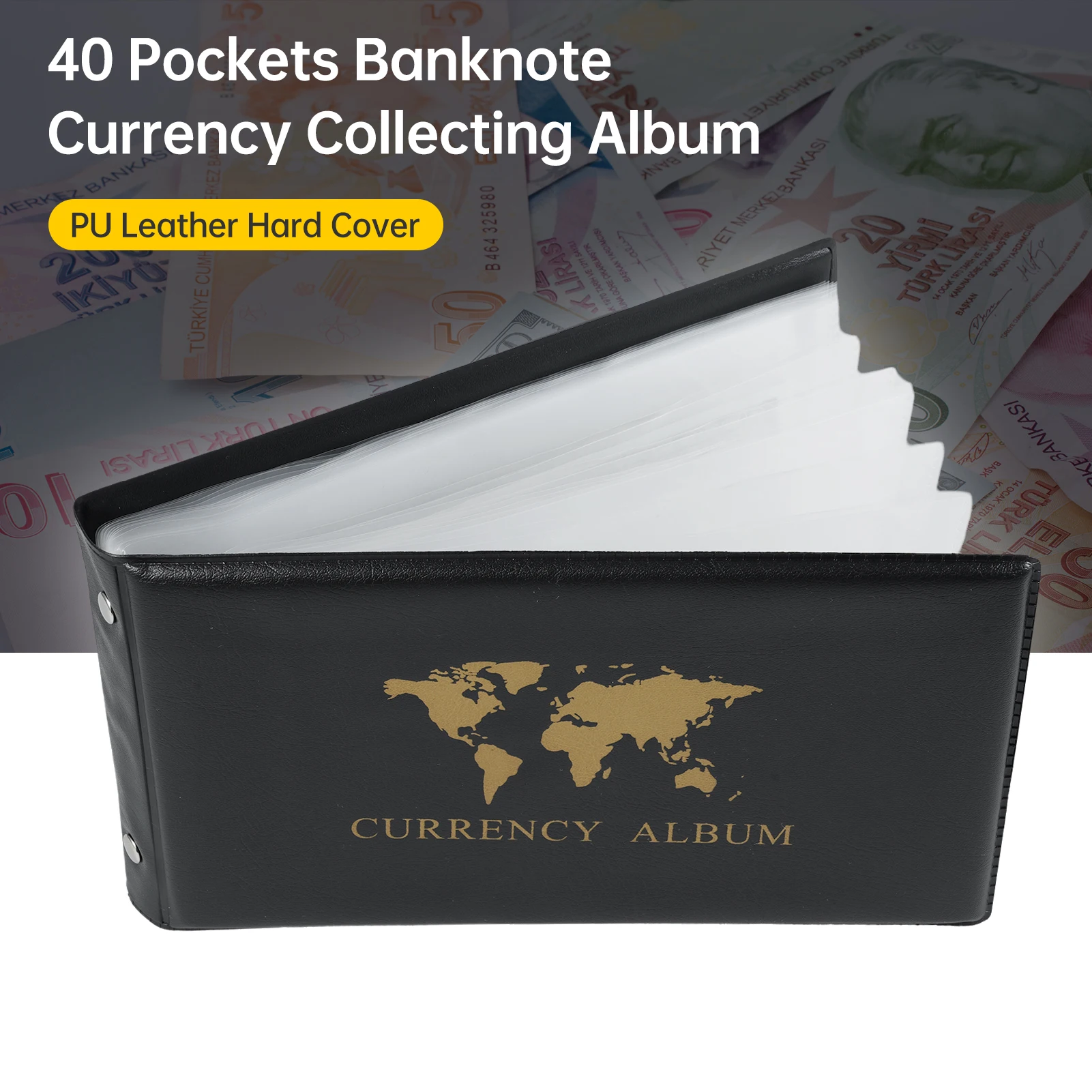 Banknote Currency Collecting Album 40 Pockets 20 Sheets Clear Dollar Bill Holders World Money PU Leather Hard Cover Storage