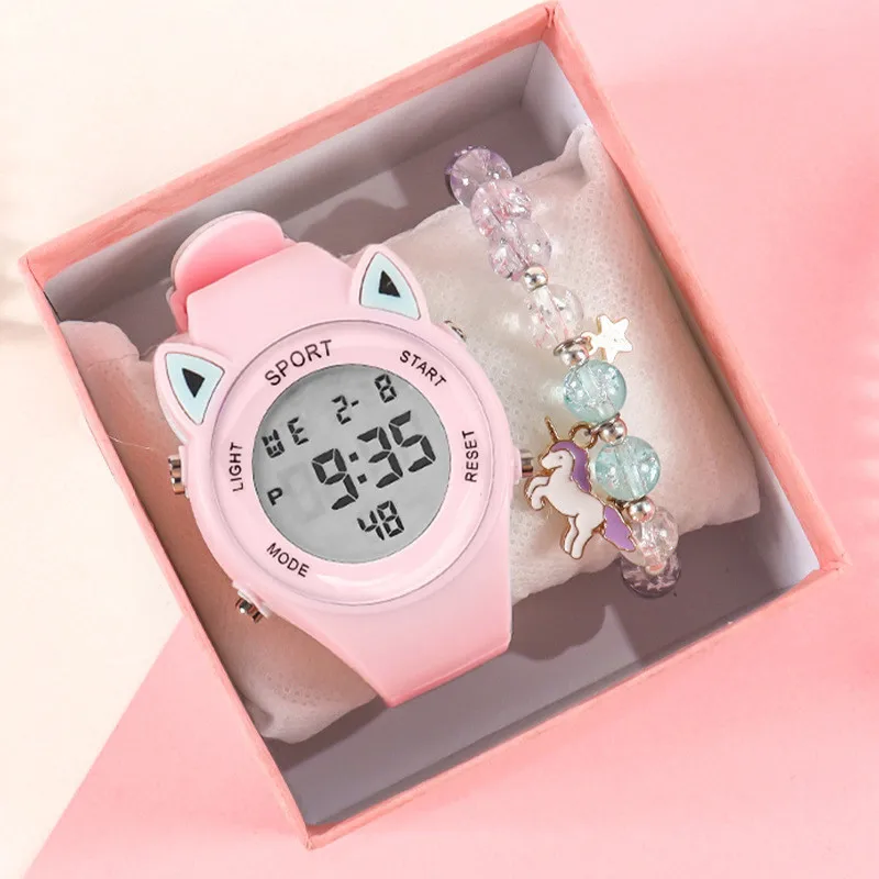 【Watch + Bracelet】Cat Ear Children's Silicone Multi Functional Sports Electronic Unicorn Bracelet Set