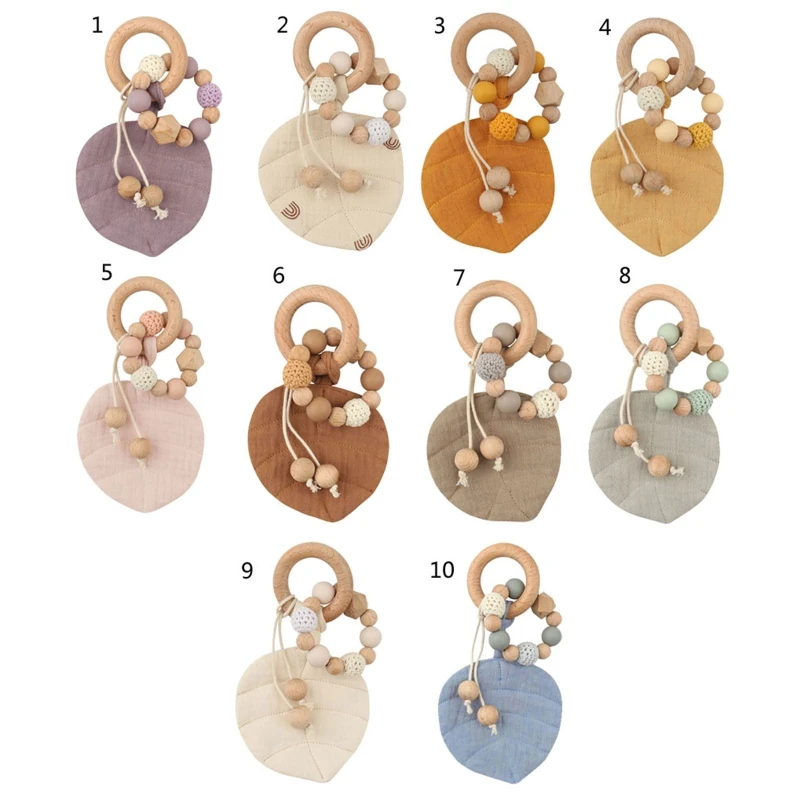 

Baby Wooden Teether Ring with Leaves Shape Absorbent Cloth Towel Blanket Rattle Beads Molar Toy Newborn Soother Bracelet K1KC